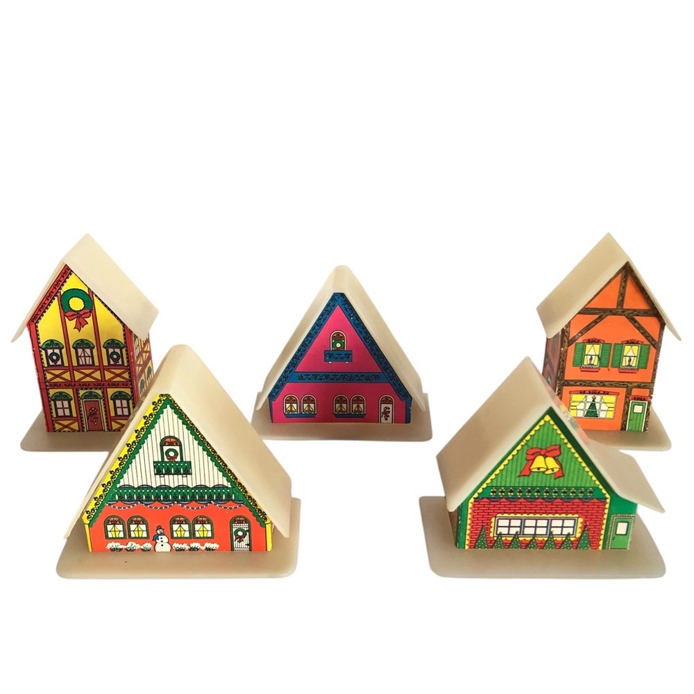 VINTAGE 70s Lot of 5 Alpine Village Houses Plastic Light Covers Christmas Xmas